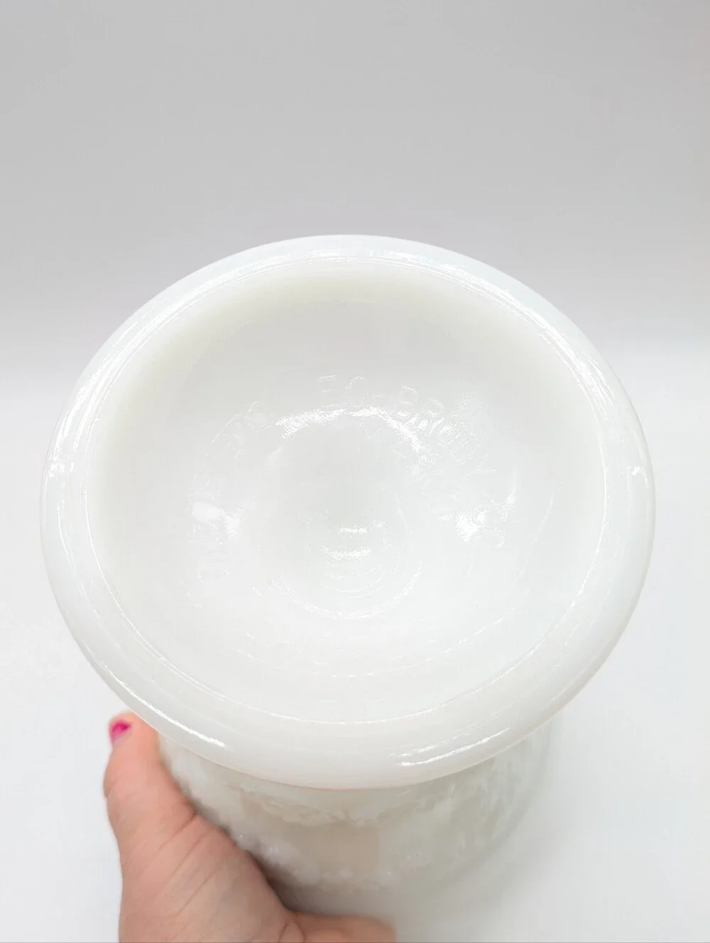 Vintage EO Brody White Milk Glass Floral & Grapevine Embossed Footed Vase